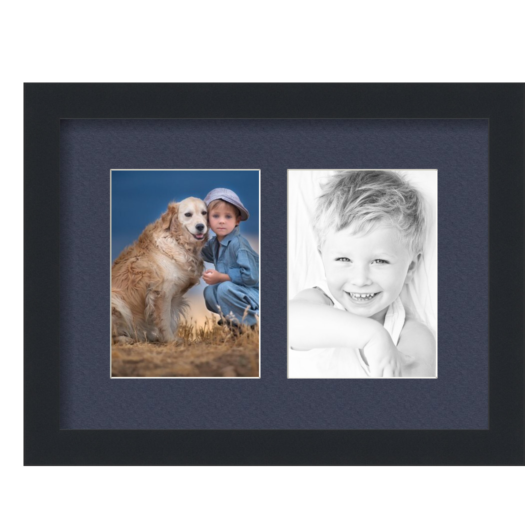 Collage Picture Frame, Satin Black Frame with 2 openings for 5x7 photos with Blue Jay Mat. D3926FL35, ArtToframes