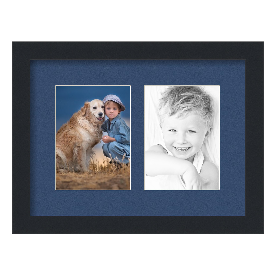 Collage Picture Frame, Satin Black Frame with 2 openings for 5x7 photos with Delft Blue Mat. D3926FI35, ArtToframes