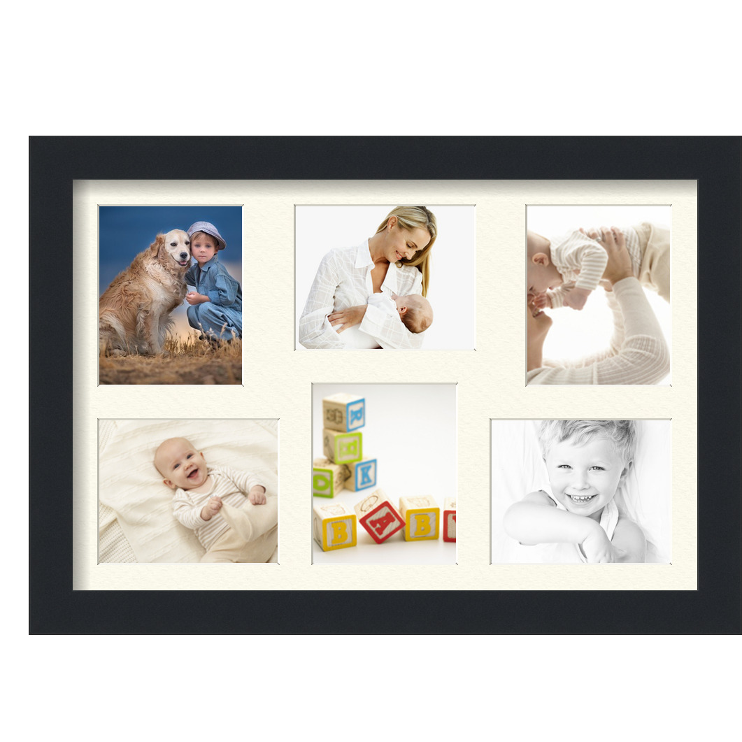 Collage Picture Frame, Satin Black Frame with 6 openings for 4x5 photos with Ivory Off White Mat. D3926FZ353, ArtToframes