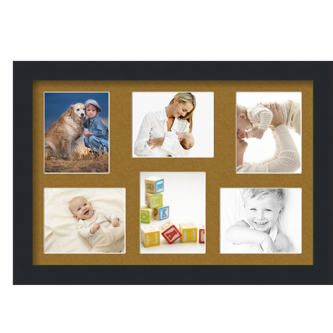 Collage Picture Frame, Satin Black Frame with 6 openings for 4x5 photos with Brown El Dorado Mat. D3926EE353, ArtToframes