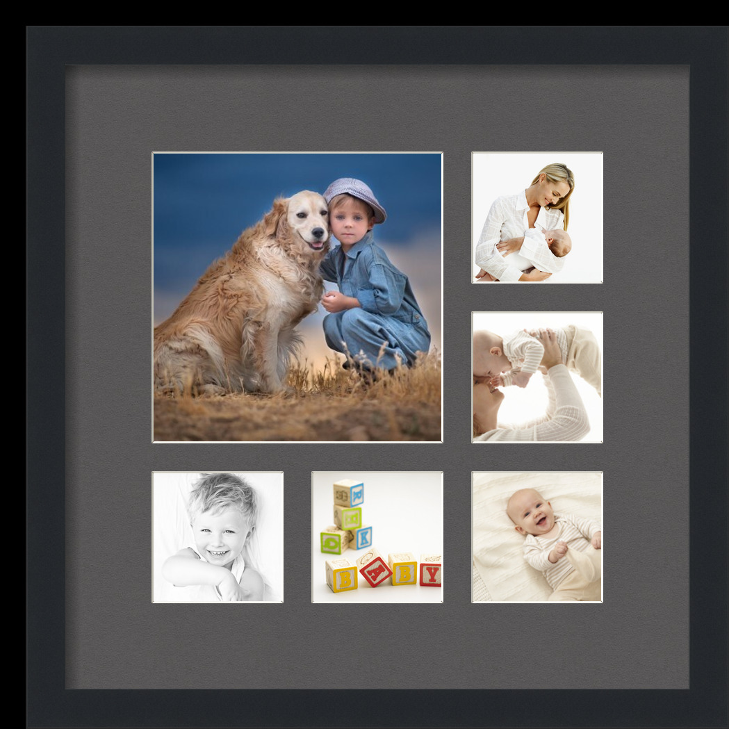 Collage Picture Frame, Satin Black Frame with 6 openings for 9x9 photos with Black Charcoal Mat. D3926EX358, ArtToframes