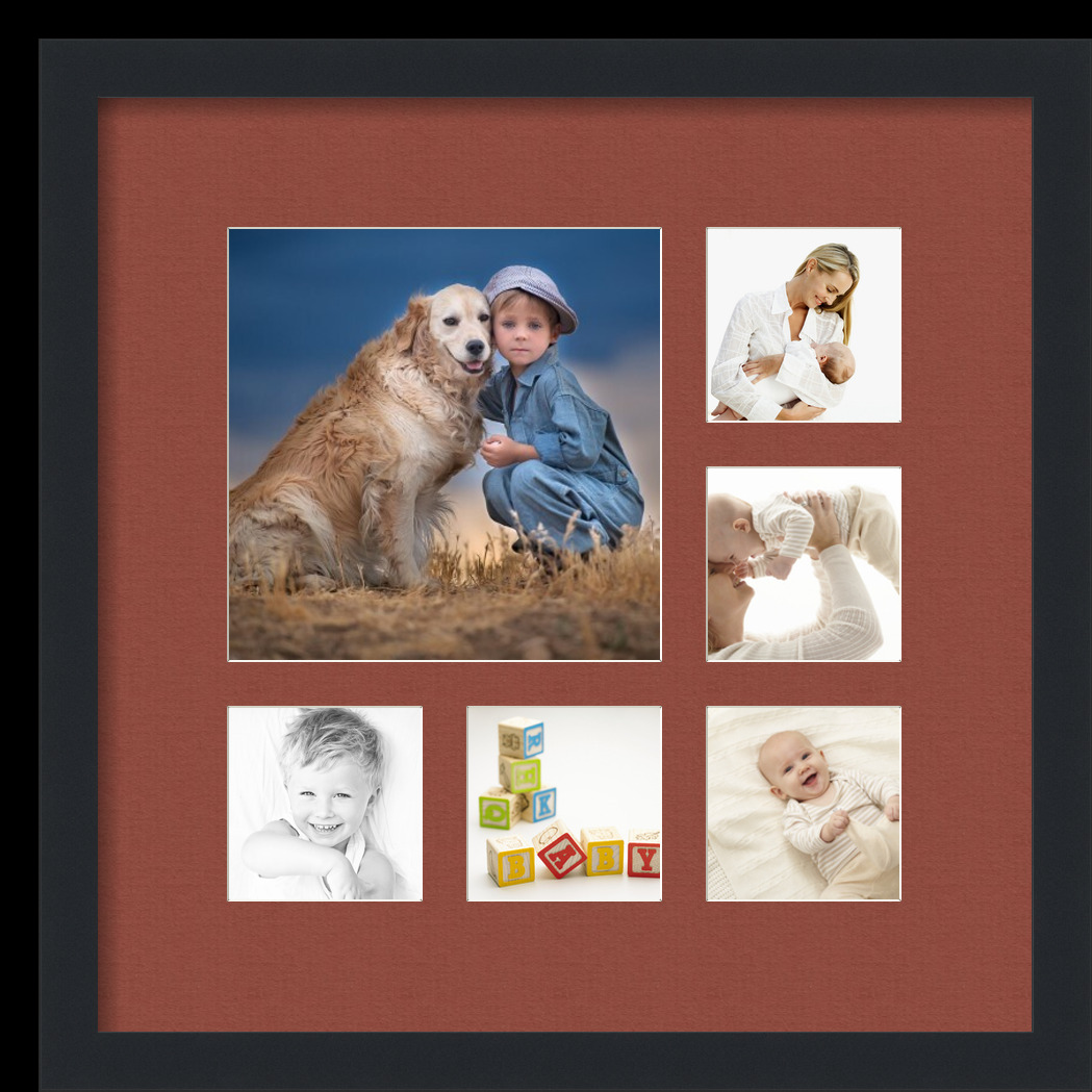 Collage Picture Frame, Satin Black Frame with 6 openings for 9x9 photos with Brown Cognac Mat. D3926DK358, ArtToframes