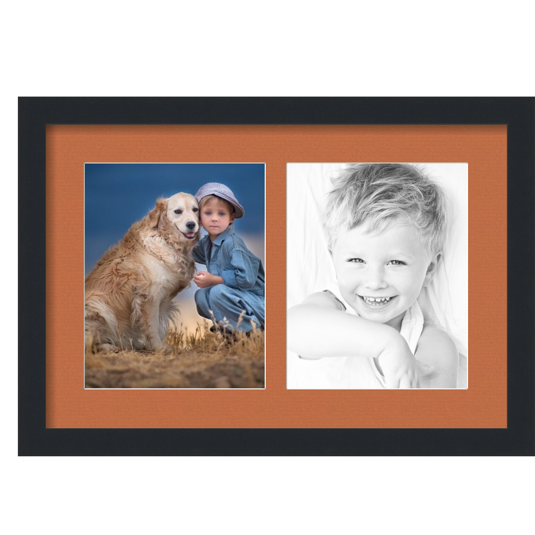 Collage Picture Frame, Satin Black Frame with 2 openings for 8x10 photos with Red Orange Mat. D3926DB36, ArtToframes