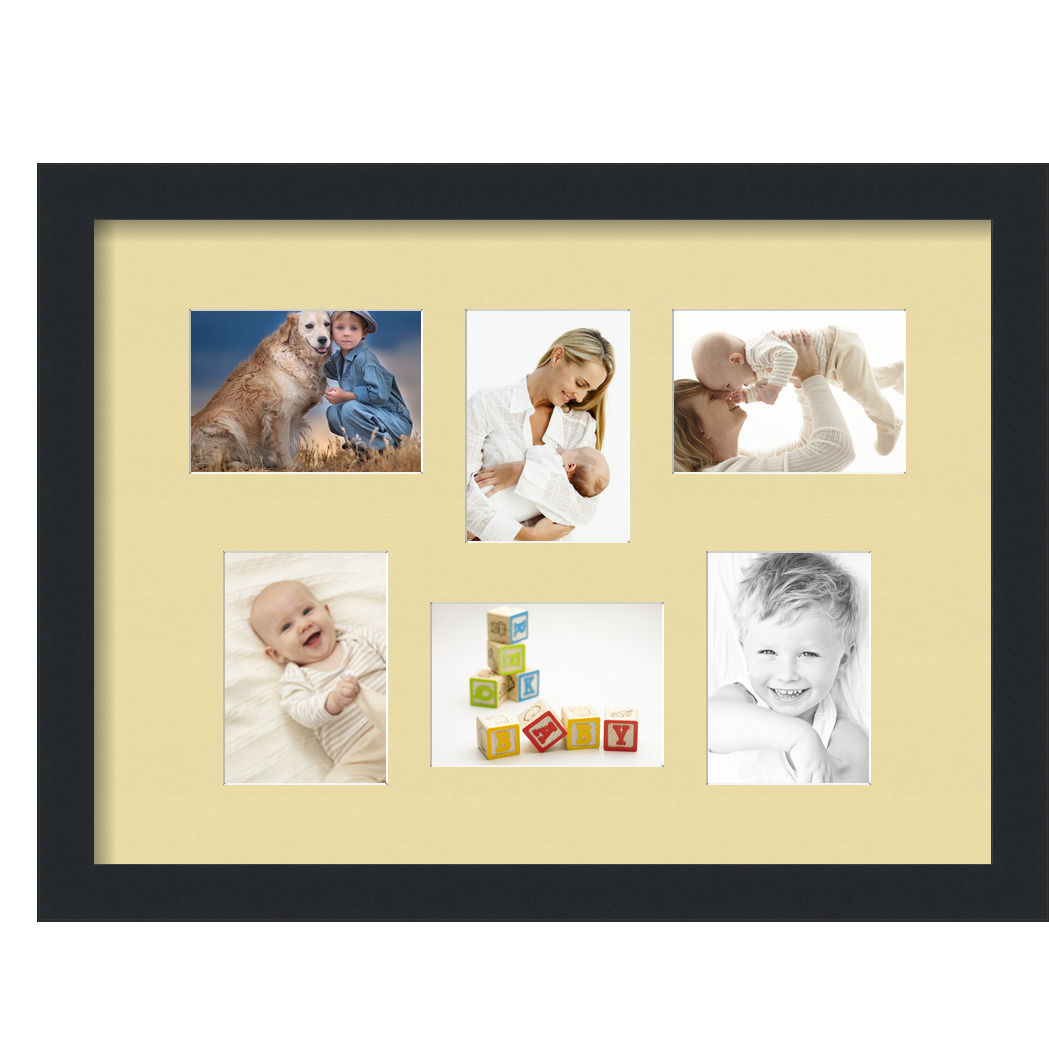 Collage Picture Frame, Satin Black Frame with 6 openings for 3.5x5 photos with Ivory Buttercup Mat. D3926GD361, ArtToframes