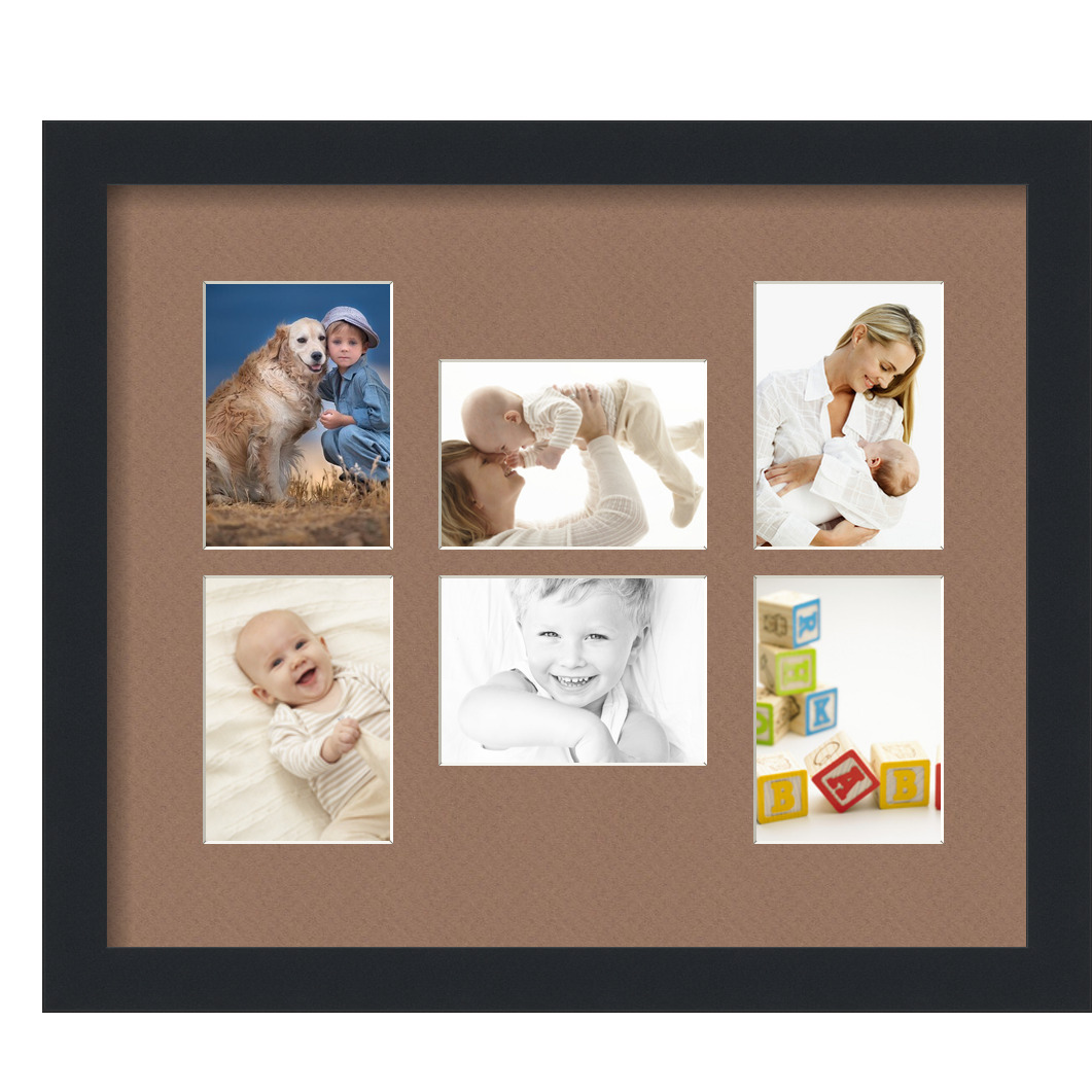 Collage Picture Frame, Satin Black Frame with 6 openings for 3.5x5 photos with Brown Sandpiper Mat. D3926DJ363, ArtToframes
