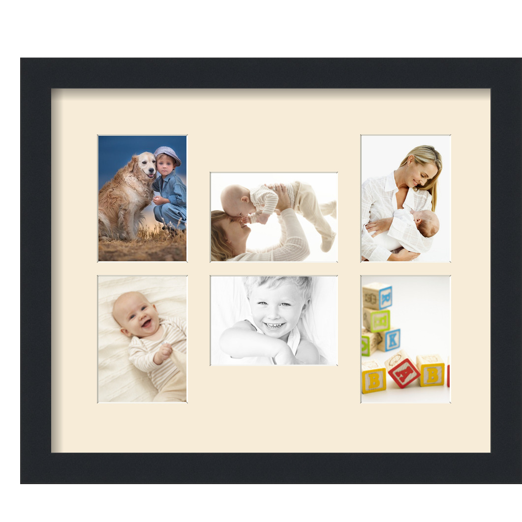 Collage Picture Frame, Satin Black Frame with 6 openings for 3.5x5 photos with White Ivory Mat. D3926FY363, ArtToframes