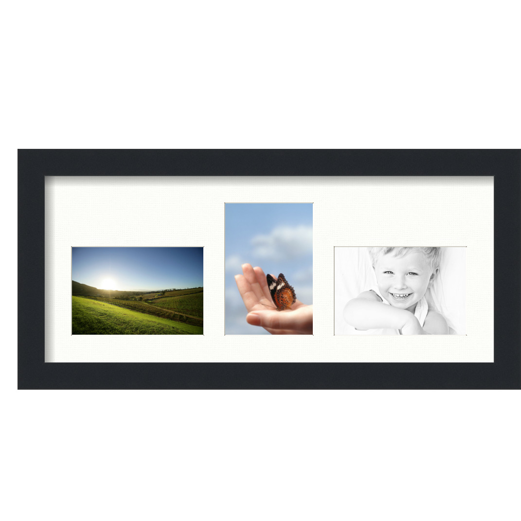 Collage Picture Frame, Satin Black Frame with 3 openings for 4x6 photos with Fabric White Mat. D3926EK371, ArtToframes