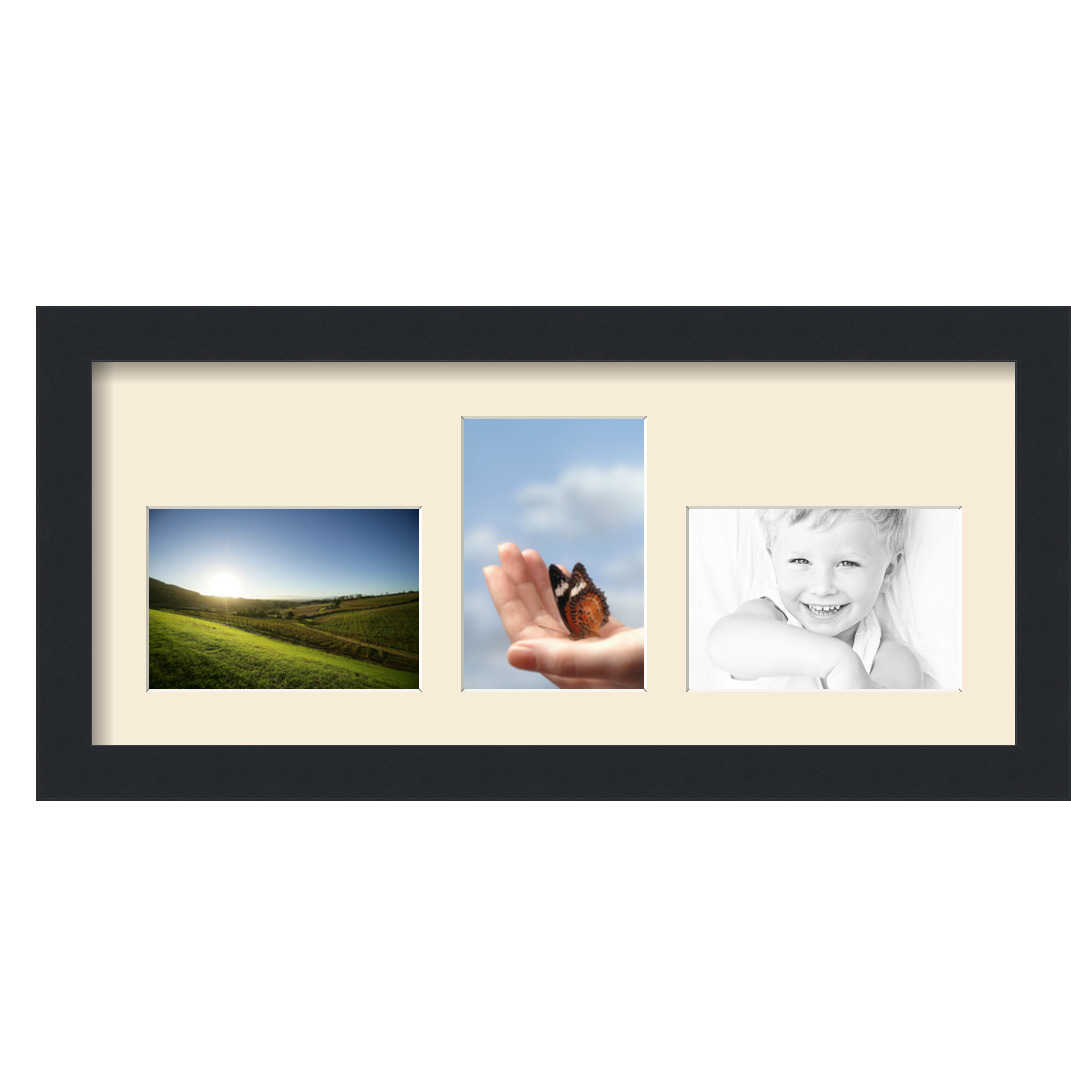 Collage Picture Frame, Satin Black Frame with 3 openings for 4x6 photos with White Ivory Mat. D3926FY371, ArtToframes