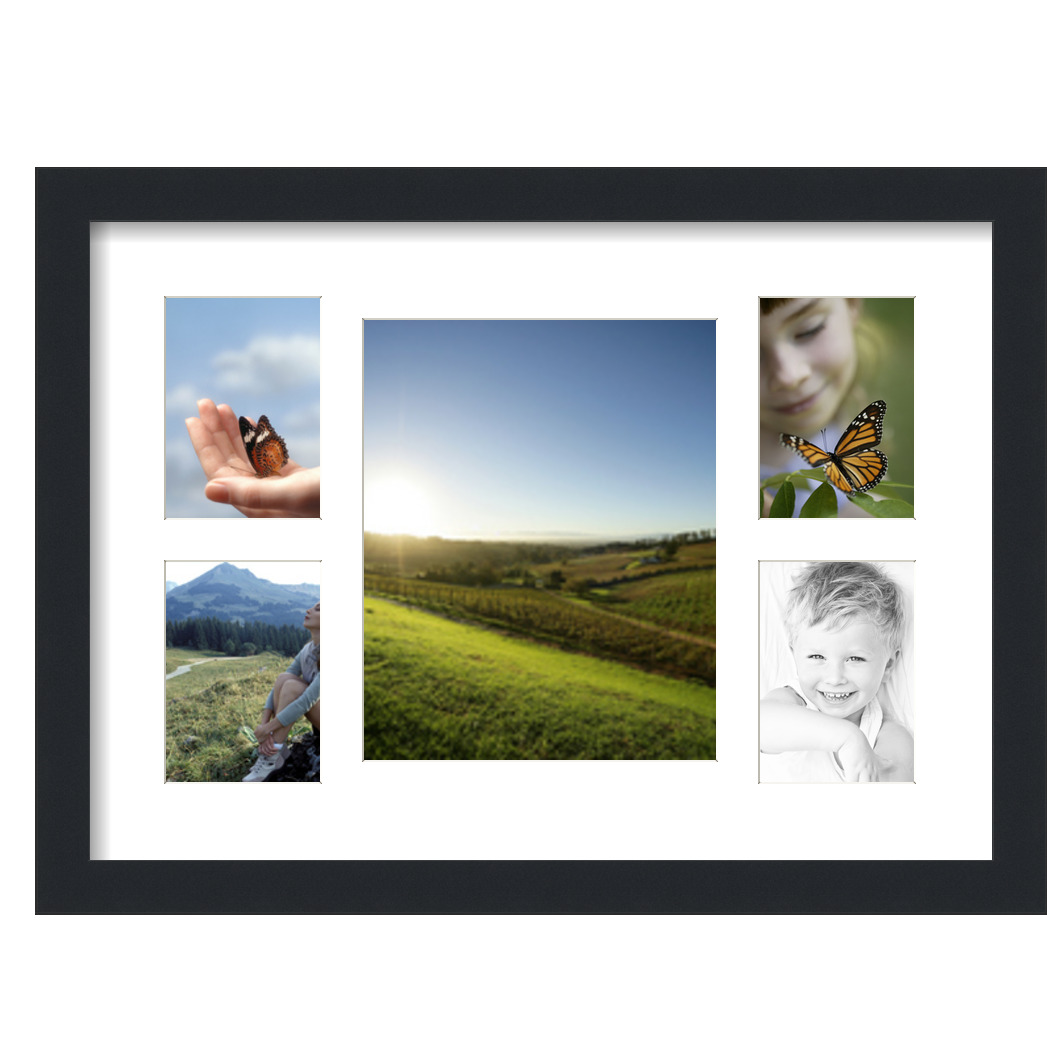 Collage Picture Frame, Satin Black Frame with 5 openings for 8x10 photos with White Crisp Mat. D3926IK373, ArtToframes