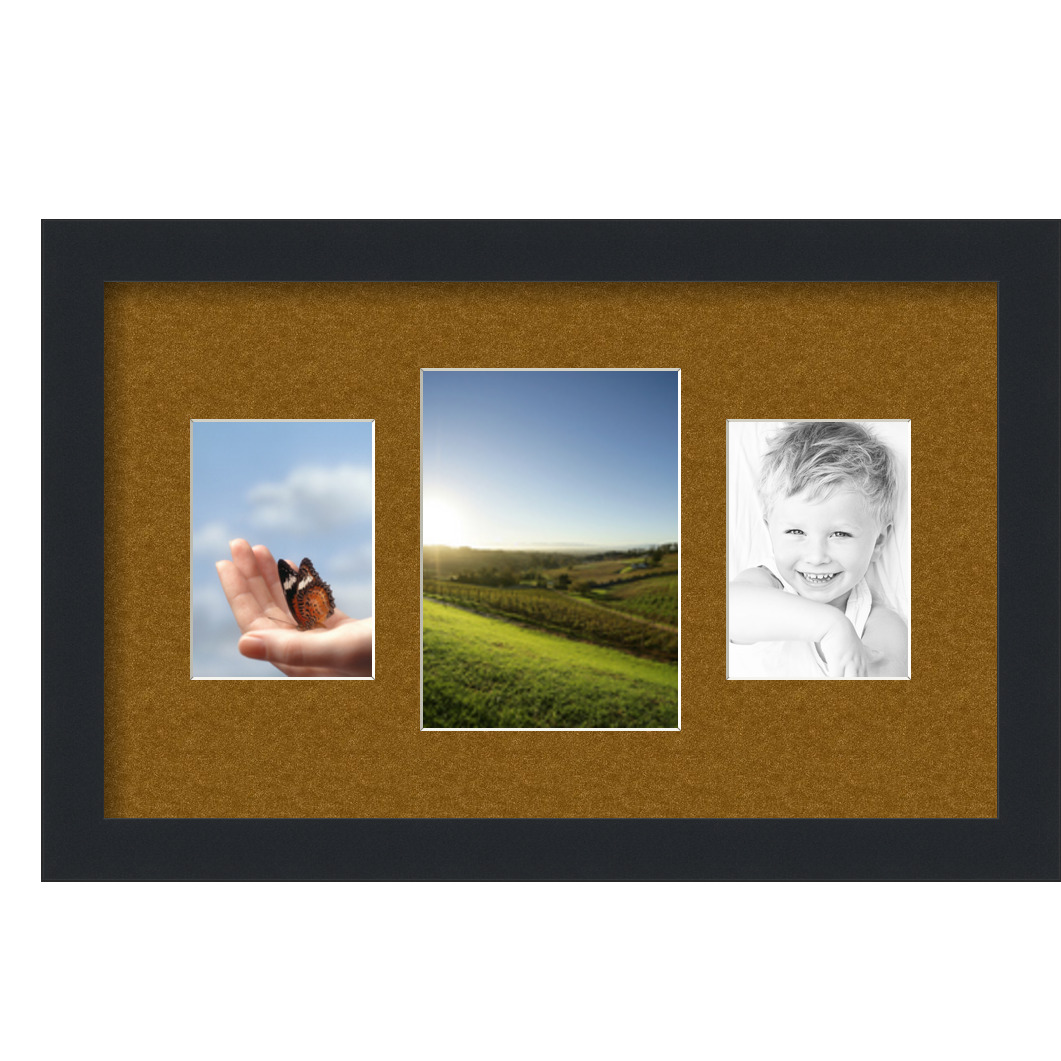Collage Picture Frame, Satin Black Frame with 3 openings for 5x7 photos with Brown Coronado Mat. D3926EB376, ArtToframes