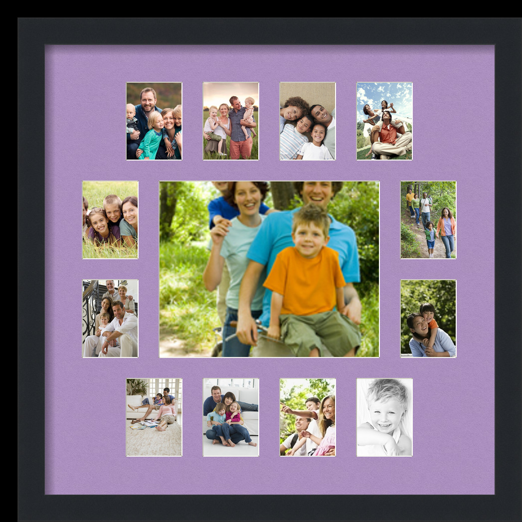 Collage Picture Frame, Satin Black Frame with 13 openings for 8x10 photos with Pink Lavender Mist Mat. D3926FU381, ArtToframes