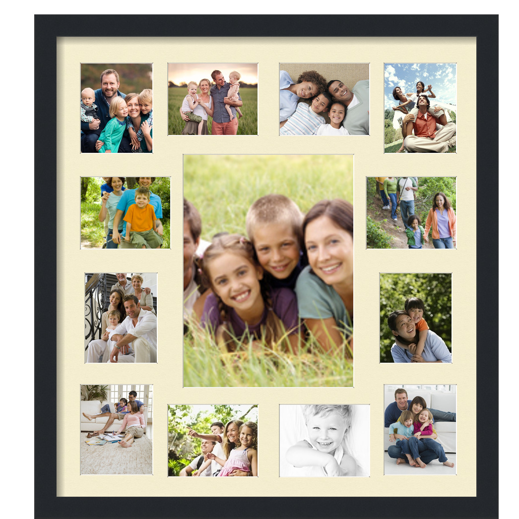 Collage Picture Frame, Satin Black Frame with 13 openings for 4x5 photos with Ivory Oyster Mat. D3926GC384, ArtToframes