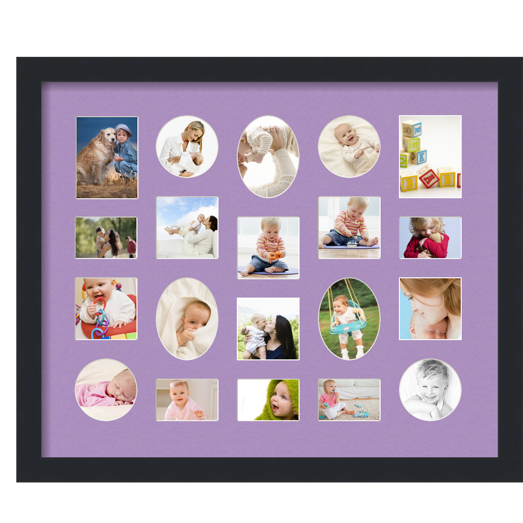 Collage Picture Frame, Satin Black Frame with 20 openings for 3x4 photos with Pink Lavender Mist Mat. D3926FU385, ArtToframes