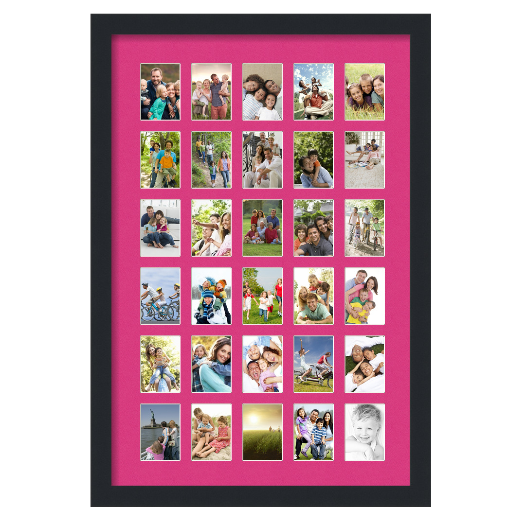 Collage Picture Frame, Satin Black Frame with 30 openings for 2x3 photos with Pink Tulip Mat. D3926CR391, ArtToframes