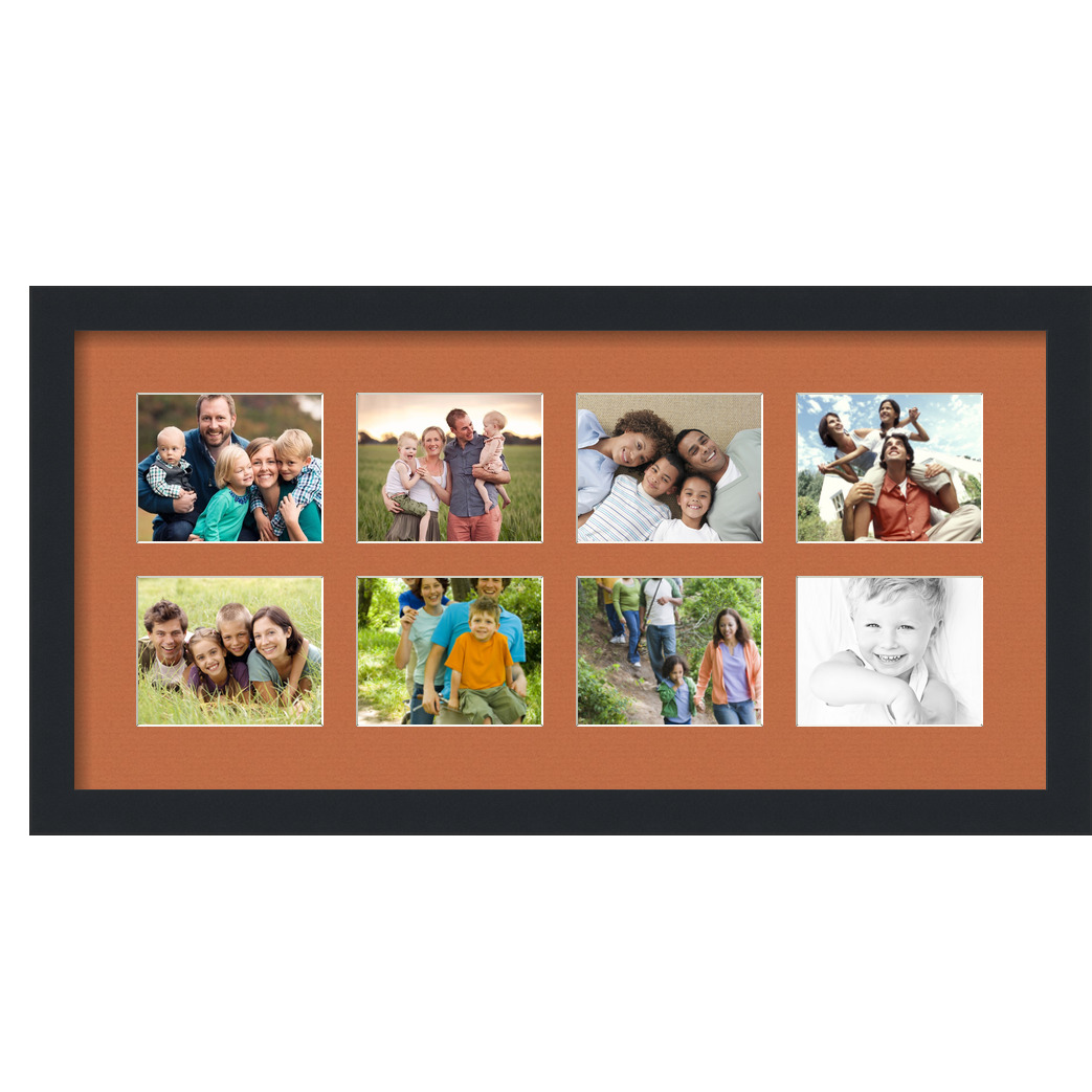 Collage Picture Frame, Satin Black Frame with 8 openings for 4x5 photos with Red Orange Mat. D3926DB395, ArtToframes