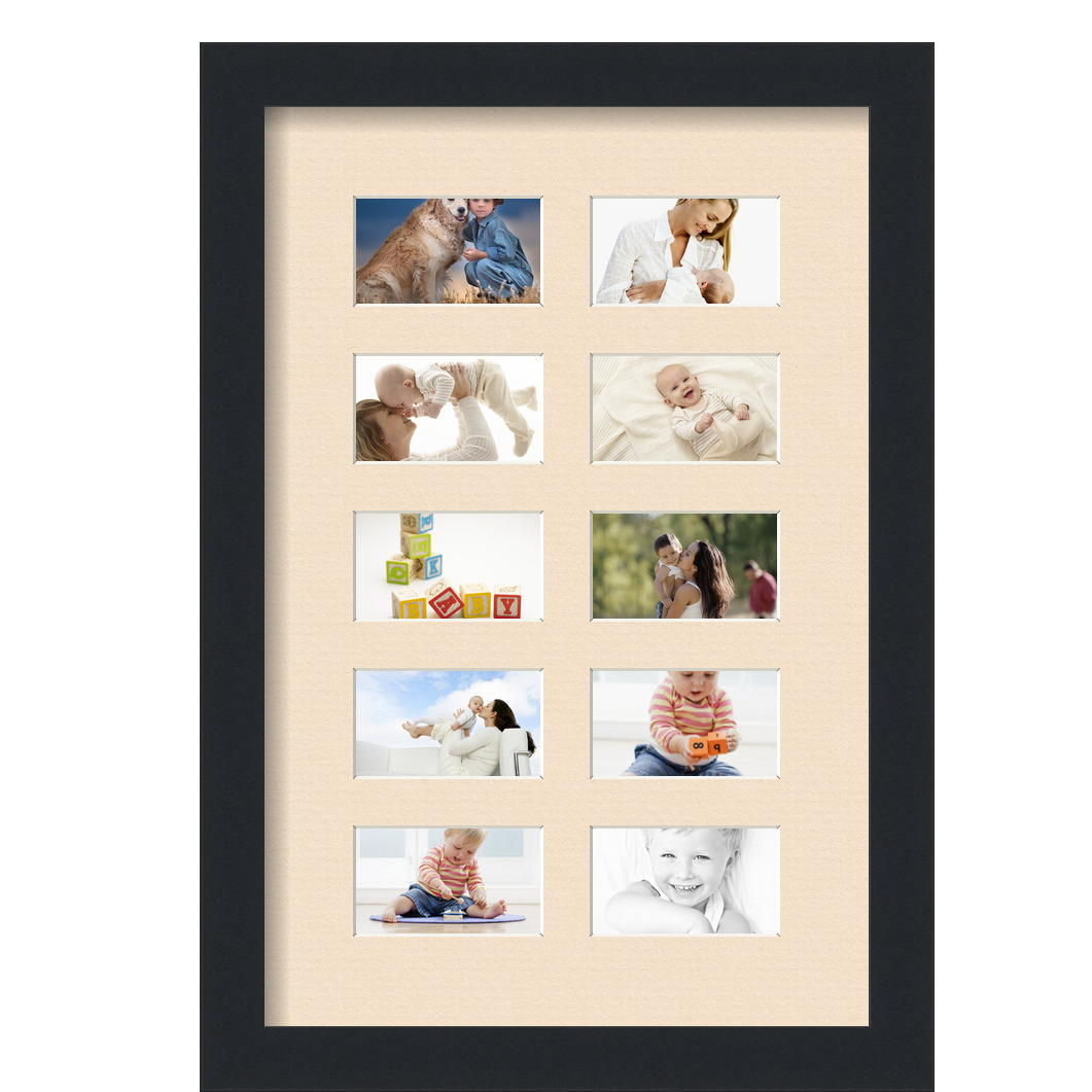 Collage Picture Frame, Satin Black Frame with 10 openings for 2x3.5 photos with Ivory French Creme Mat. D3926DF404, ArtToframes