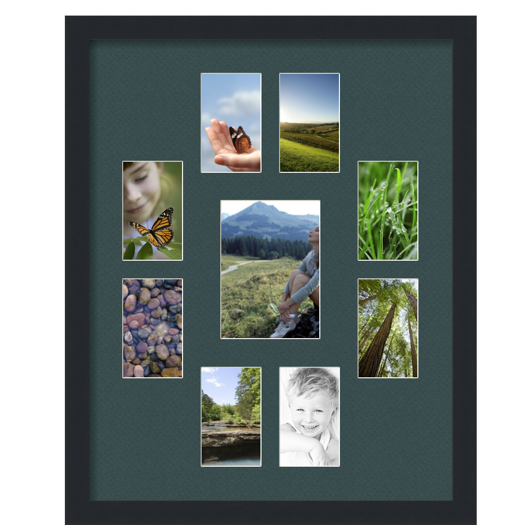 Collage Picture Frame, Satin Black Frame with 9 openings for 5x7 photos with Green Evergreen Mat. D3926HF407, ArtToframes