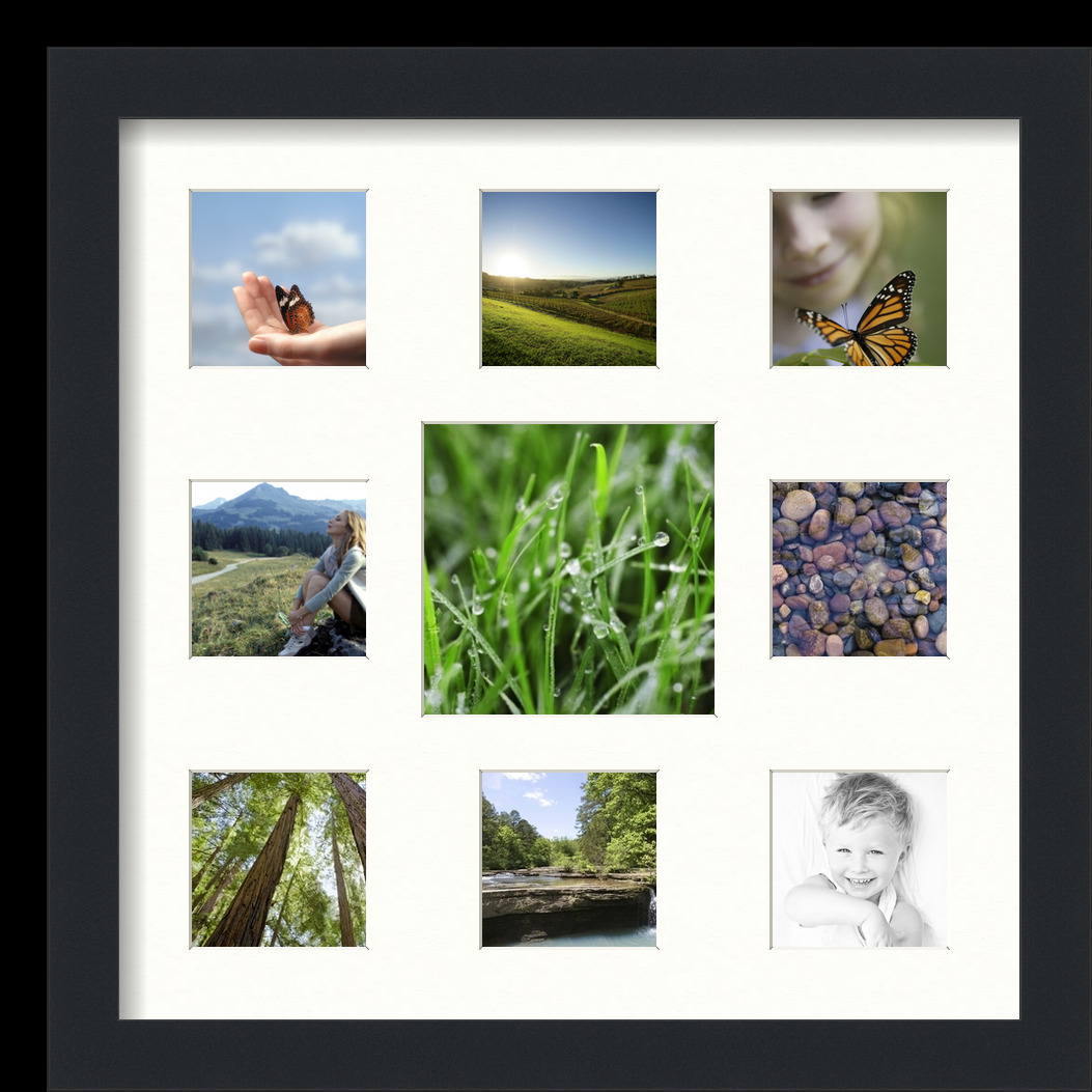 Collage Picture Frame, Satin Black Frame with 9 openings for 5x5 photos with White Porcelain Mat. D3926EL412, ArtToframes