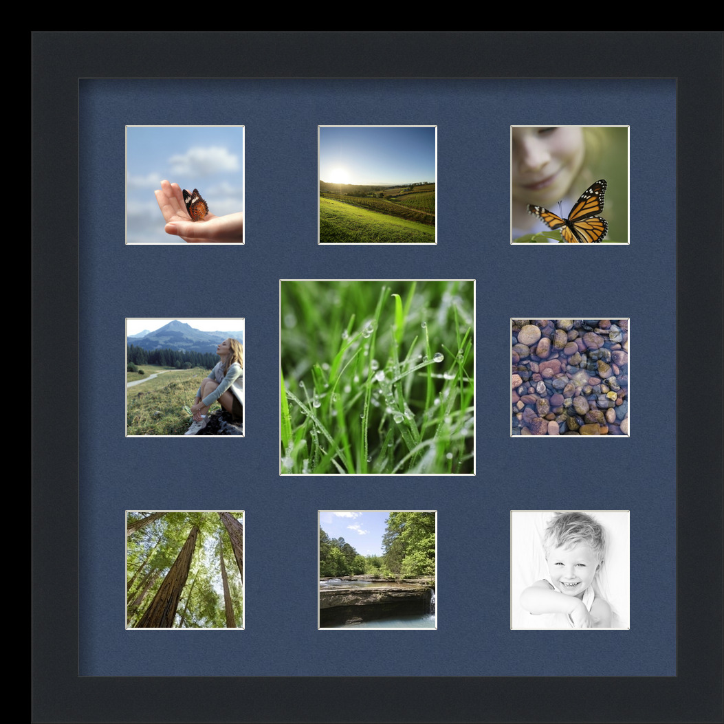 Collage Picture Frame, Satin Black Frame with 9 openings for 5x5 photos with Midnight Blue Mat. D3926FK412, ArtToframes