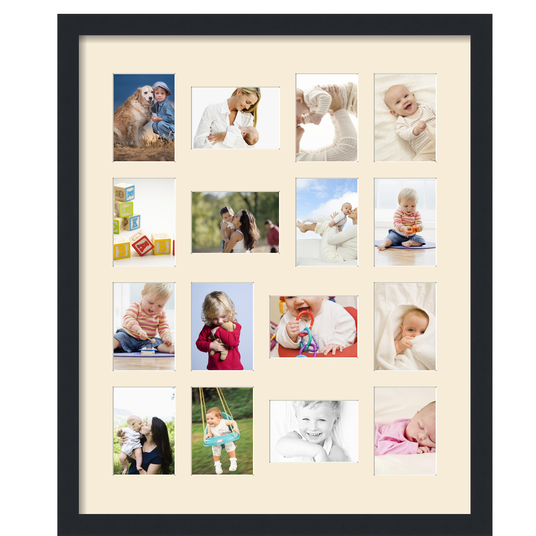 Collage Picture Frame, Satin Black Frame with 16 openings for 3.5x5 photos with White Ivory Mat. D3926FY415, ArtToframes