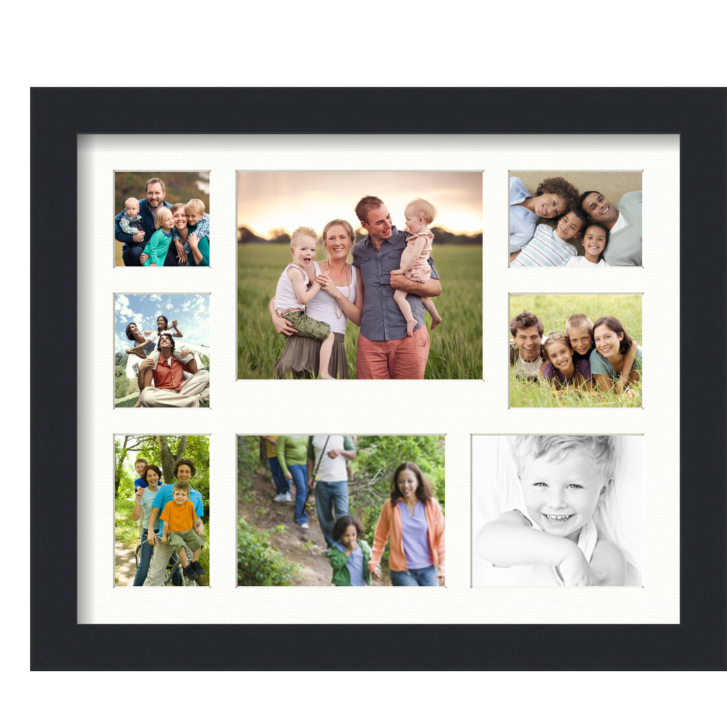Collage Picture Frame, Satin Black Frame with 8 openings for 4x5.5 photos with Fabric White Mat. D3926EK426, ArtToframes