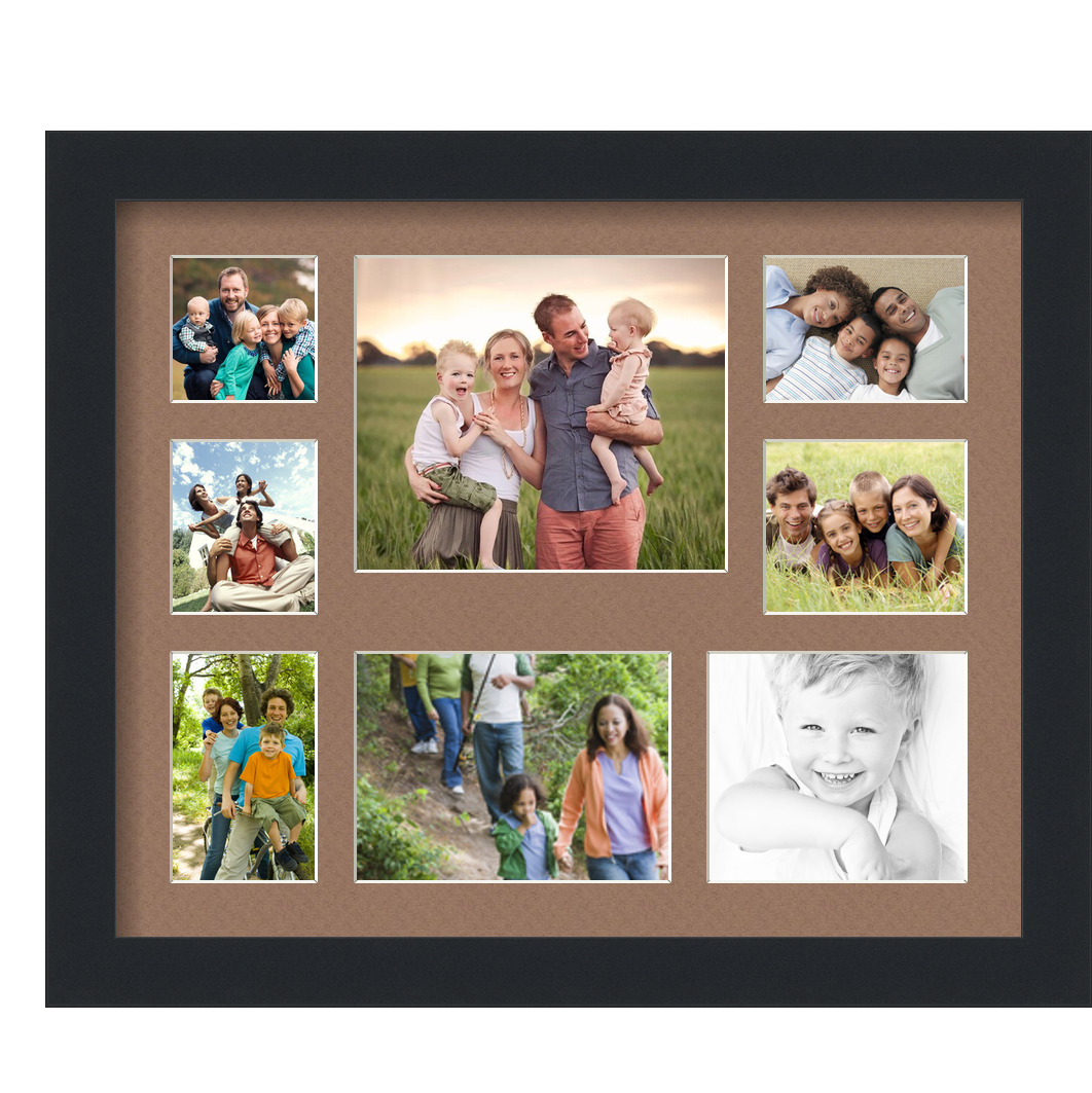 Collage Picture Frame, Satin Black Frame with 8 openings for 4x5.5 photos with Brown Sandpiper Mat. D3926DJ426, ArtToframes