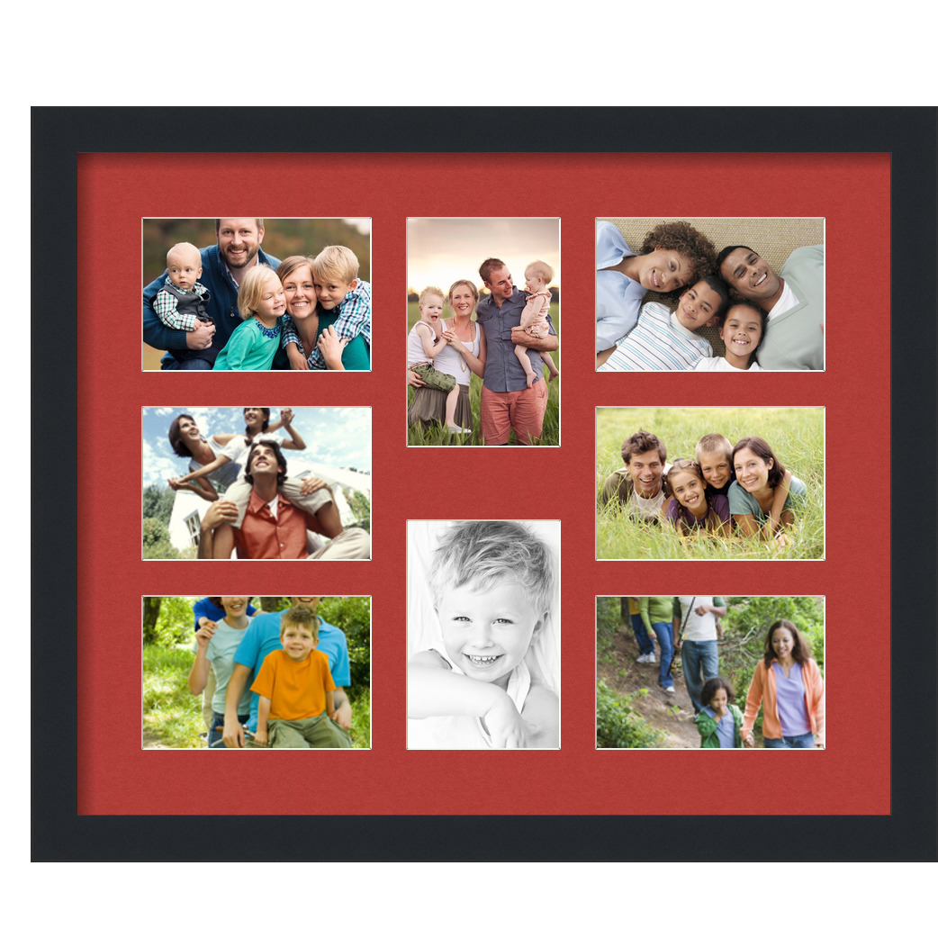 Collage Picture Frame, Satin Black Frame with 8 openings for 4x6 photos with Deep Red Mat. D3926II427, ArtToframes