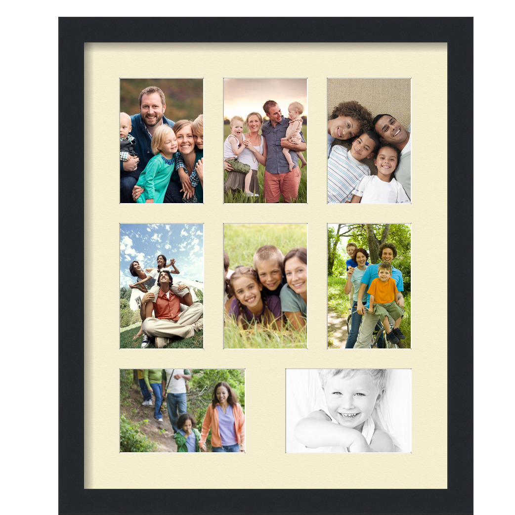 Collage Picture Frame, Satin Black Frame with 8 openings for 4x6 photos with Ivory Oyster Mat. D3926GC428, ArtToframes