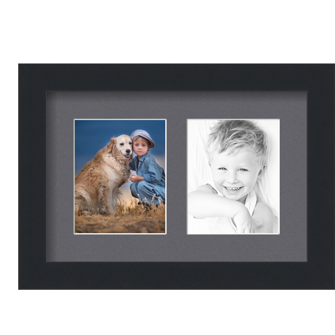 Collage Picture Frame, Satin Black Frame with 2 openings for 4x5 photos with Mountain Grey Mat. D3926EV43, ArtToframes