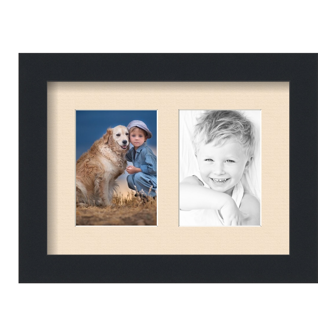 Collage Picture Frame, Satin Black Frame with 2 openings for 3.5x5 photos with Ivory French Creme Mat. D3926DF44, ArtToframes