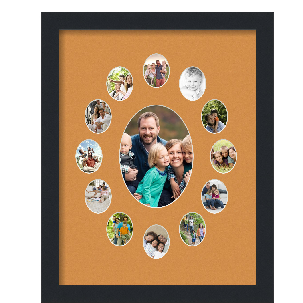 Collage Picture Frame, Satin Black Frame with 13 openings for 5x7 photos with Yellow Amber Mat. D3926CH443, ArtToframes