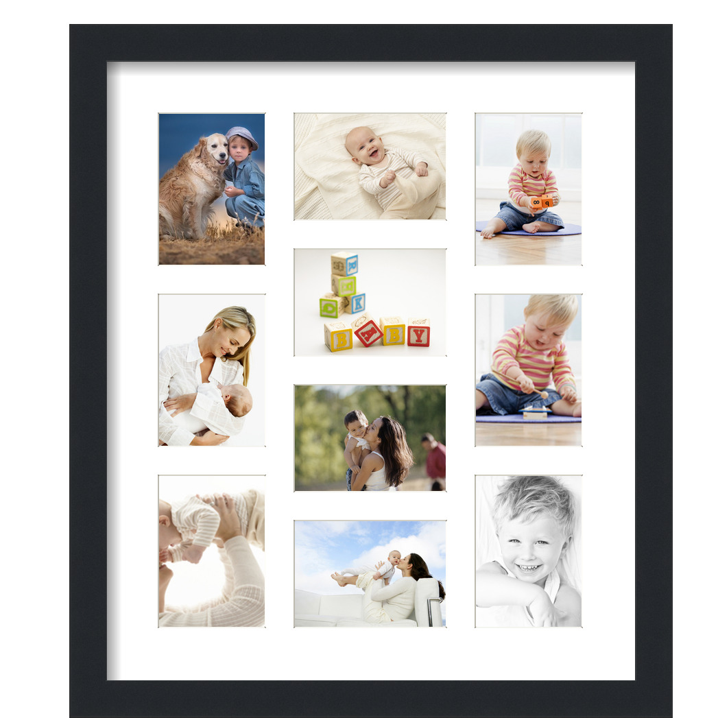 Collage Picture Frame, Satin Black Frame with 10 openings for 3.5x5 photos with White Crisp Mat. D3926IK446, ArtToframes