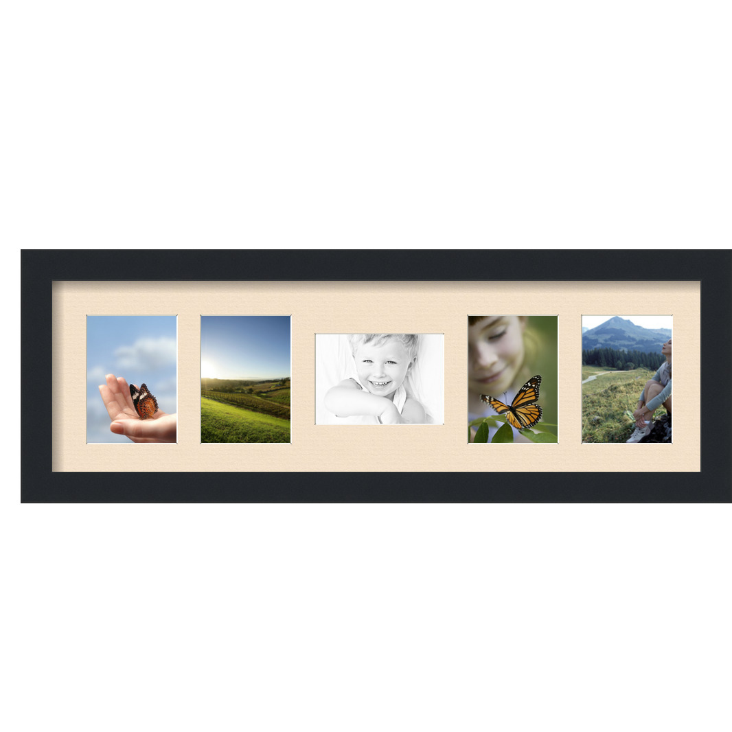 Collage Picture Frame, Satin Black Frame with 5 openings for 3.5x5 photos with Ivory French Creme Mat. D3926DF449, ArtToframes