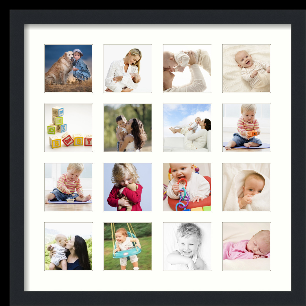 Collage Picture Frame, Satin Black Frame with 16 openings for 4x4 photos with White Light Cream Mat. D3926IJ458, ArtToframes