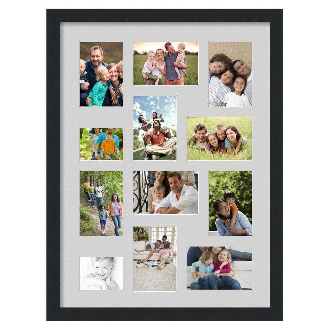 Collage Picture Frame, Satin Black Frame with 12 openings for 4x6 photos with Grey Candlewick Mat. D3926EP464, ArtToframes