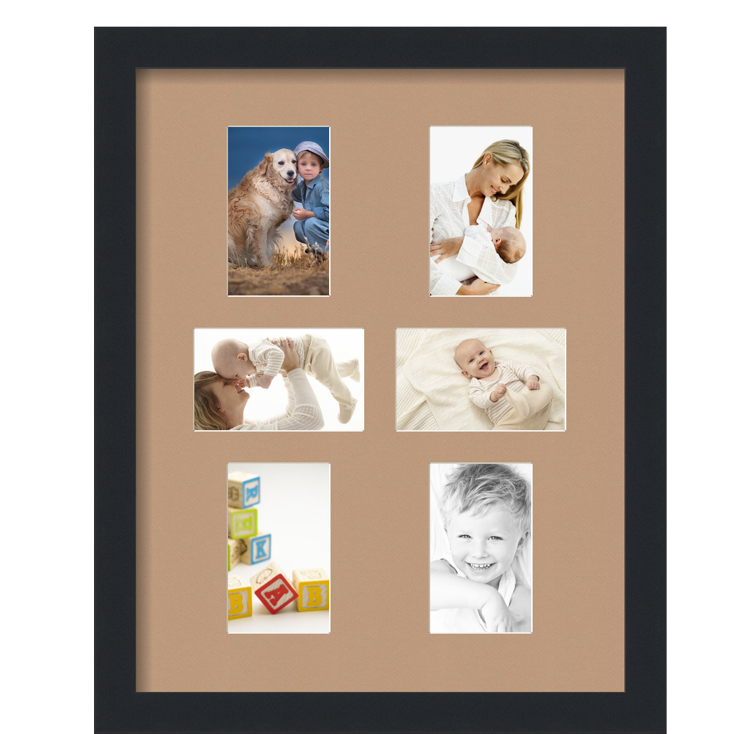 Collage Picture Frame, Satin Black Frame with 6 openings for 3x5 photos with Brown Desert Sand Mat. D3926DZ475, ArtToframes