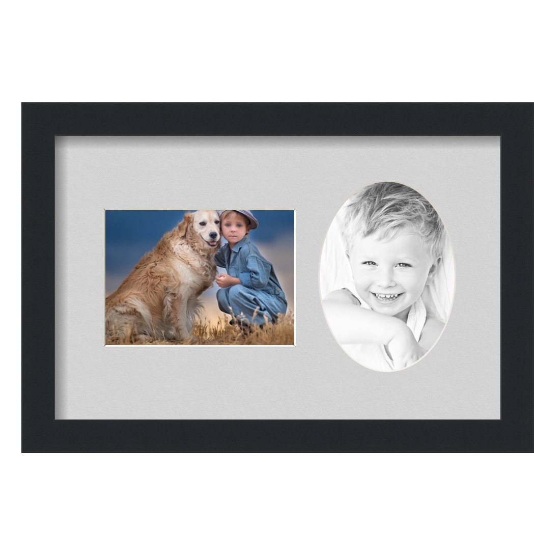 Collage Picture Frame, Satin Black Frame with 2 openings for 5x7 photos with Grey Candlewick Mat. D3926EP479, ArtToframes