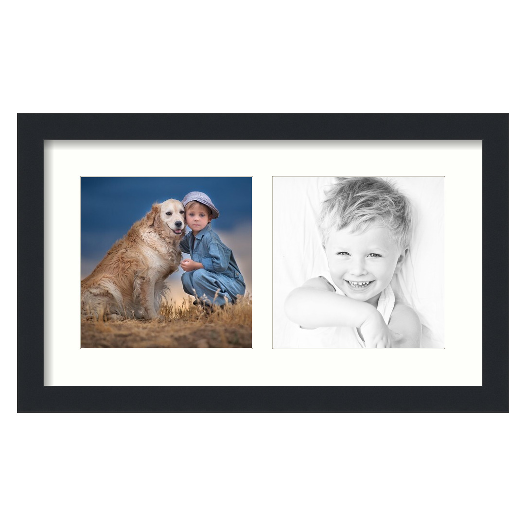 Collage Picture Frame, Satin Black Frame with 2 openings for 8x8 photos with White Light Cream Mat. D3926IJ48, ArtToframes