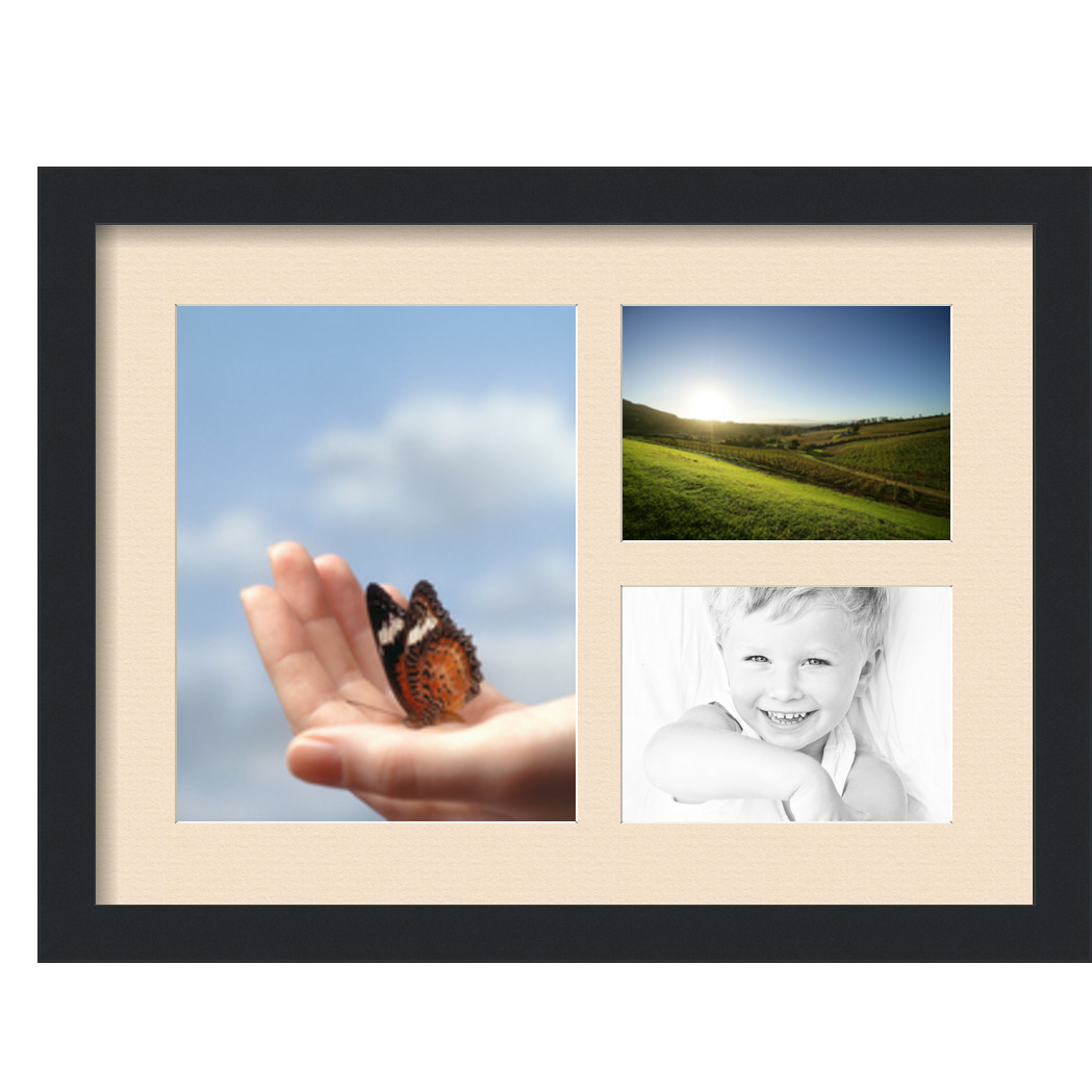Collage Picture Frame, Satin Black Frame with 3 openings for 5x7 photos with Ivory French Creme Mat. D3926DF480, ArtToframes