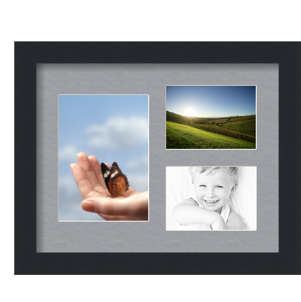 Collage Picture Frame, Satin Black Frame with 3 openings for 5x7 photos with Silver Mat. D3926HR482, ArtToframes
