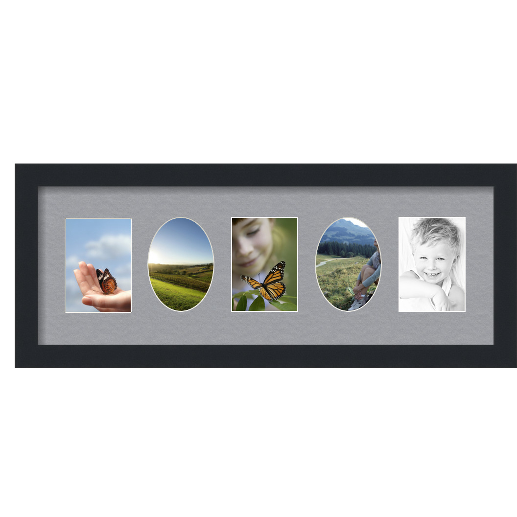 Collage Picture Frame, Satin Black Frame with 5 openings for 3.5x5 photos with Silver Mat. D3926HR485, ArtToframes