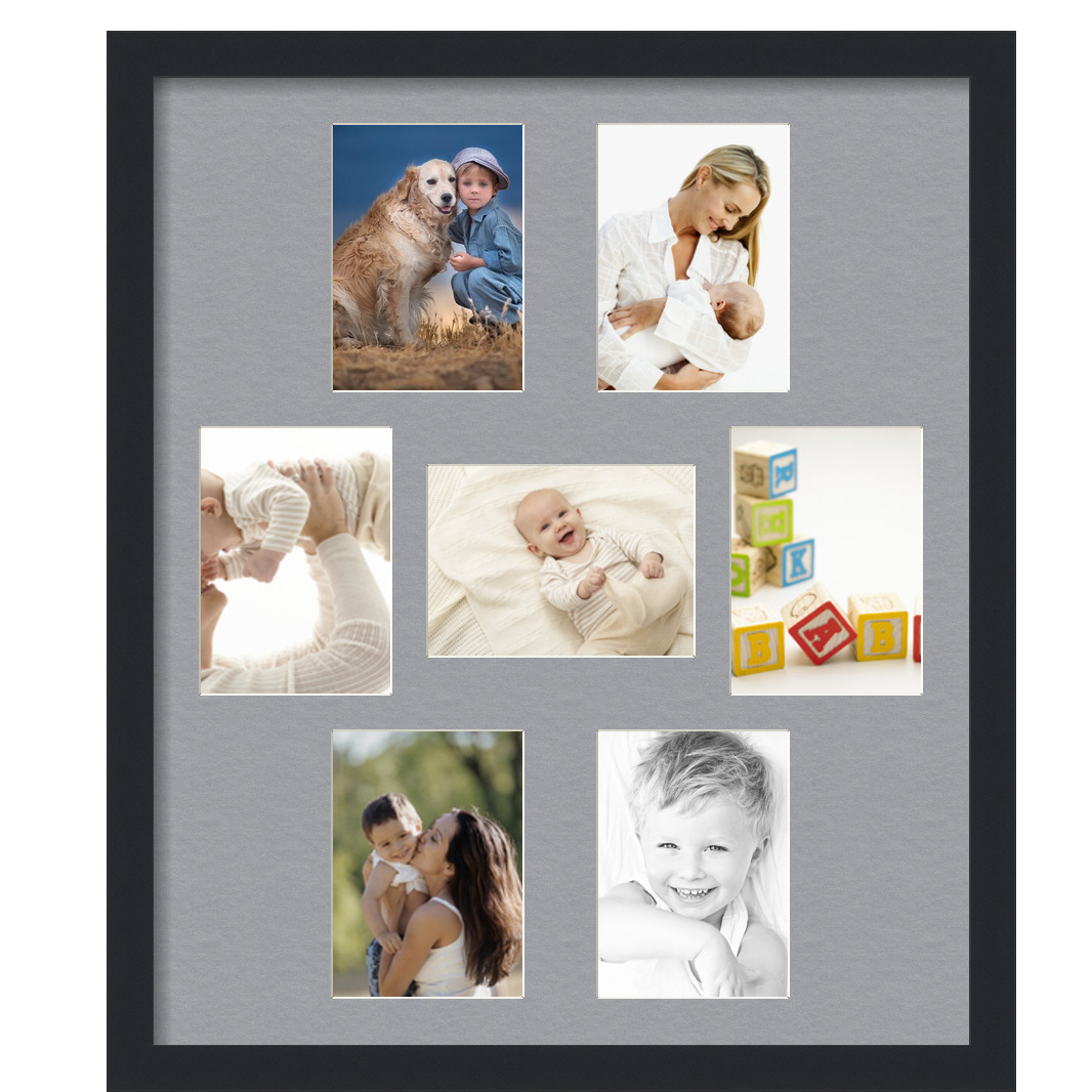 Collage Picture Frame, Satin Black Frame with 7 openings for 5x7 photos with Silver Mat. D3926HR499, ArtToframes
