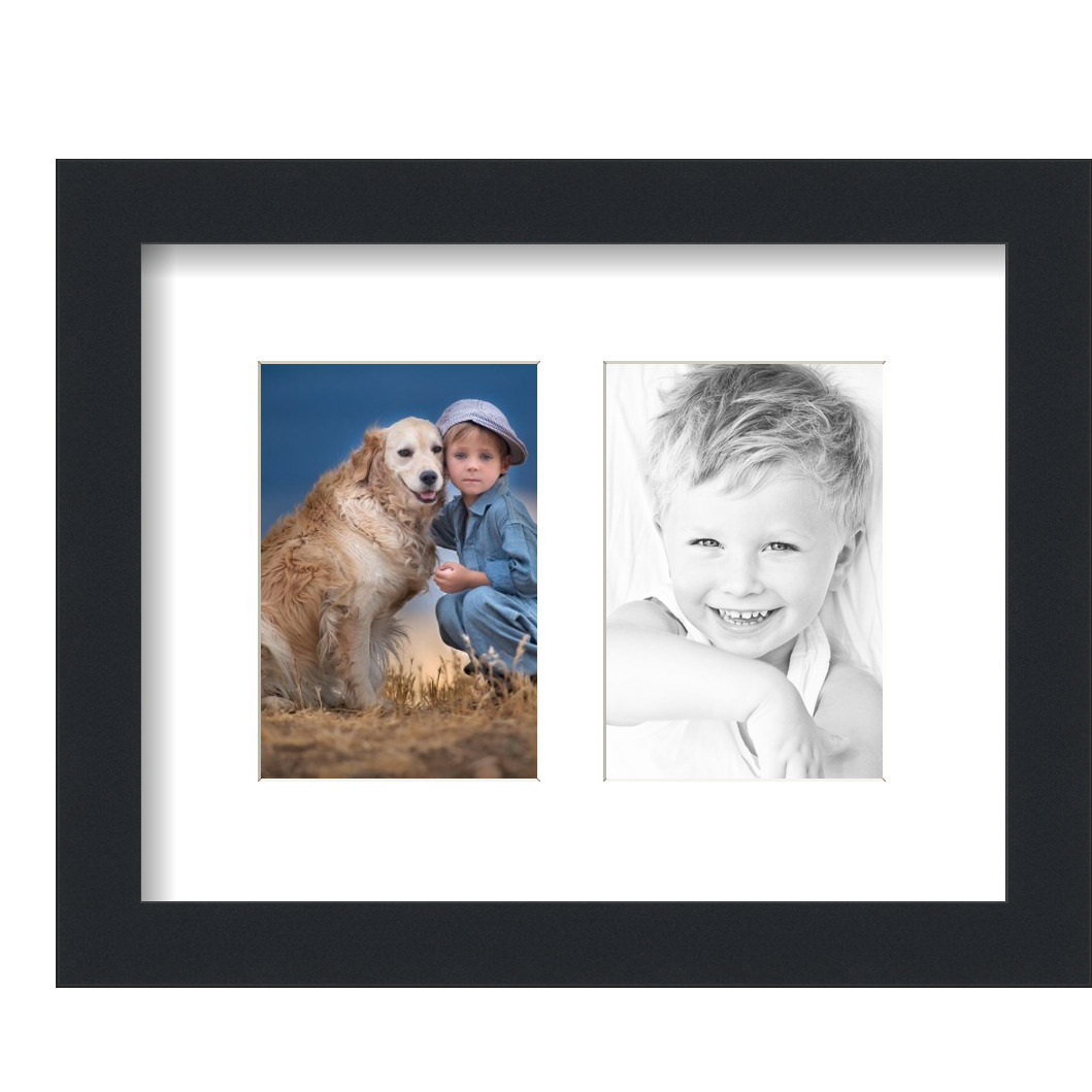 Collage Picture Frame, Satin Black Frame with 2 openings for 4x6 photos with White Crisp Mat. D3926IK530, ArtToframes