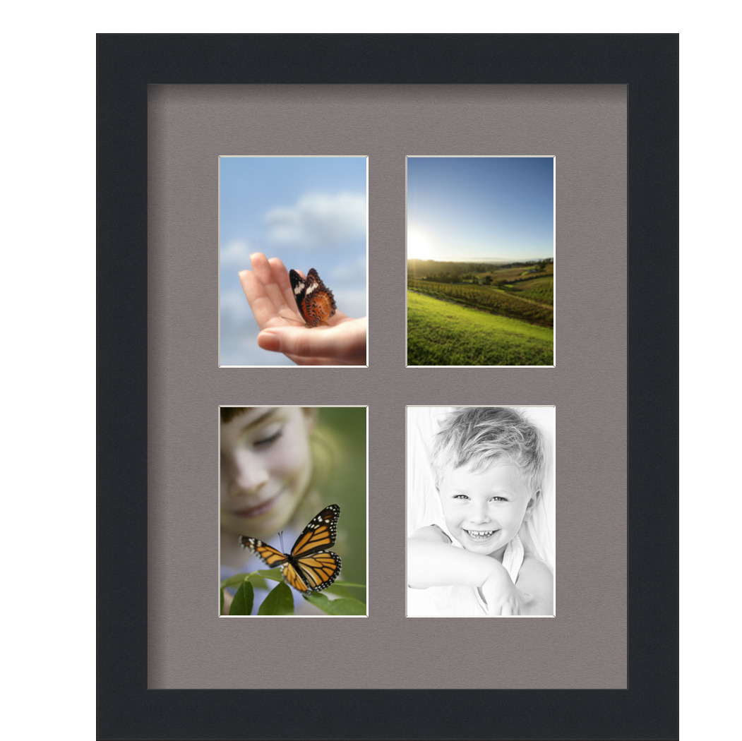 Collage Picture Frame, Satin Black Frame with 4 openings for 3.5x5 photos with Grey Pewter Mat. D3926GG532, ArtToframes