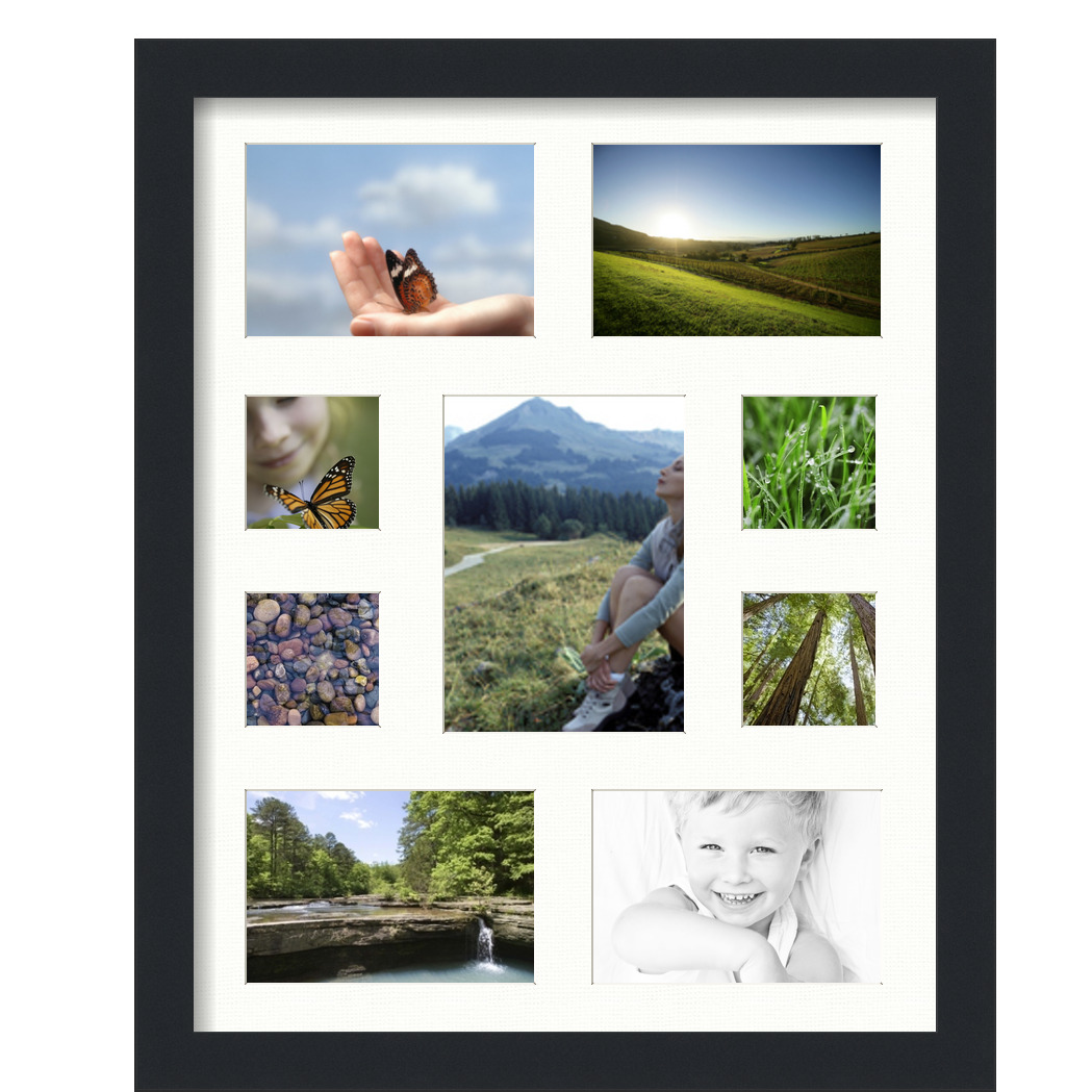 Collage Picture Frame, Satin Black Frame with 9 openings for 5x7 photos with Fabric White Mat. D3926EK537, ArtToframes