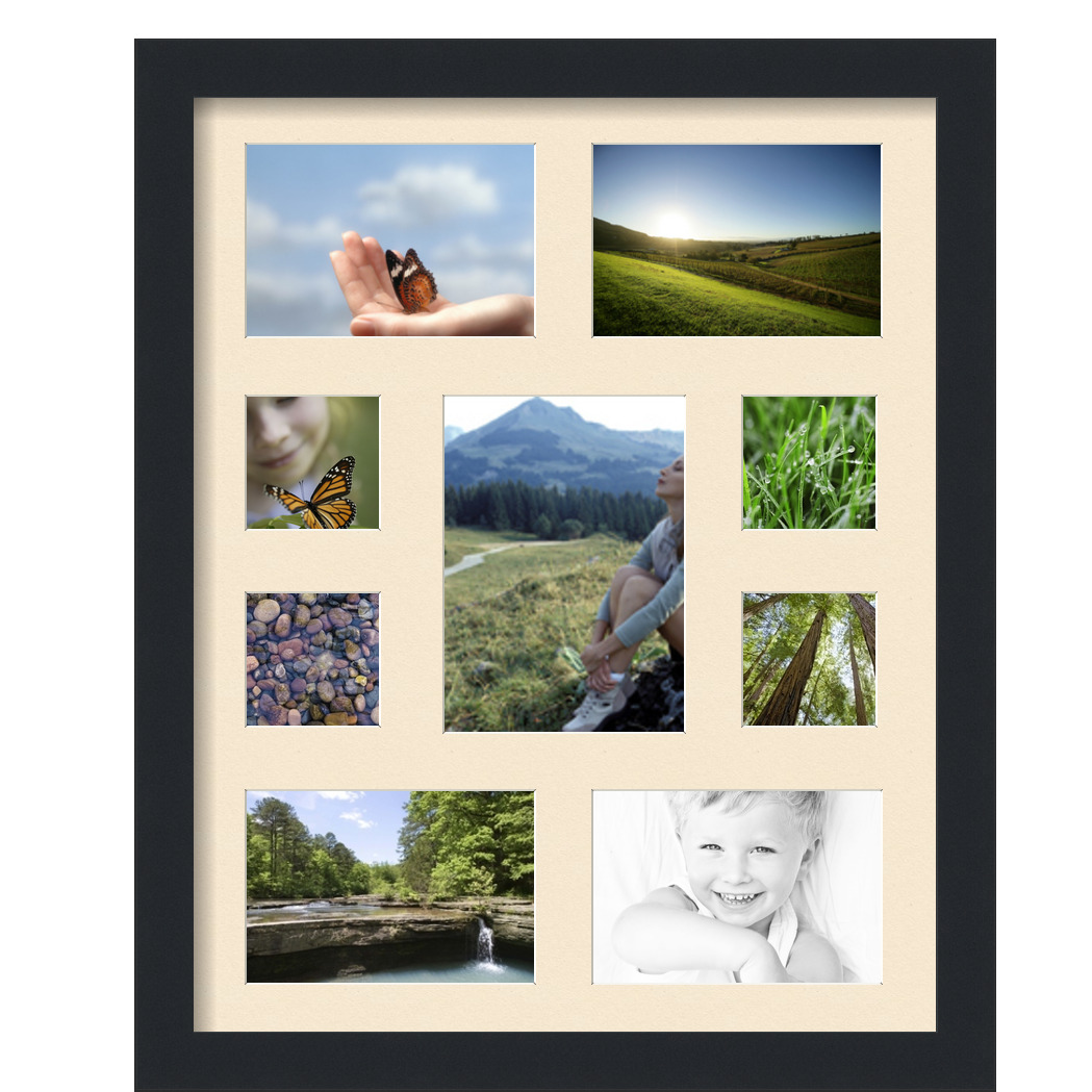 Collage Picture Frame, Satin Black Frame with 9 openings for 5x7 photos with Pink Alabaster Mat. D3926DE537, ArtToframes
