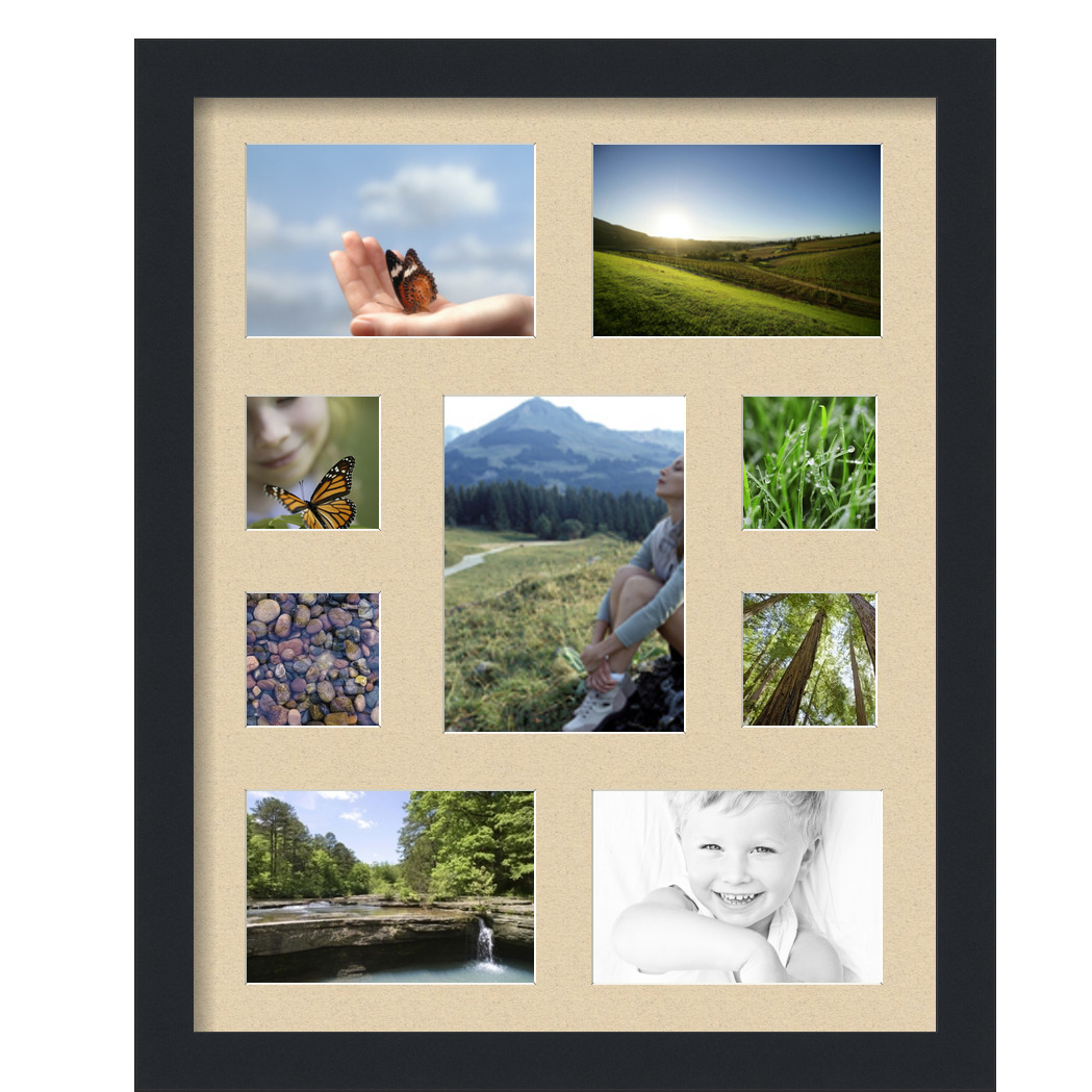 Collage Picture Frame, Satin Black Frame with 9 openings for 5x7 photos with Grey Seaside Mat. D3926GH537, ArtToframes