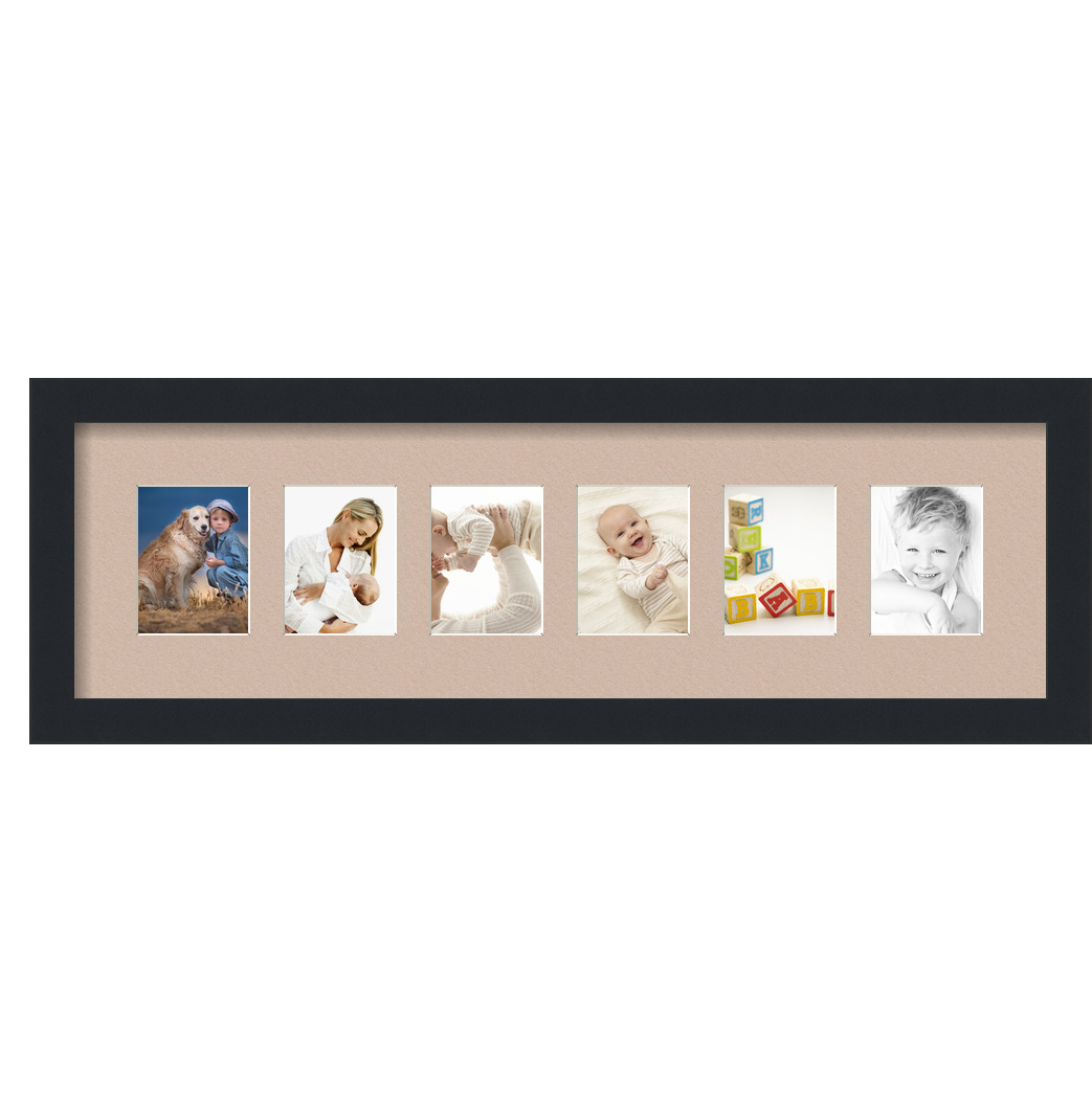 Collage Picture Frame, Satin Black Frame with 6 openings for 3x4 photos with Grey Beige Mat. D3926DV54, ArtToframes