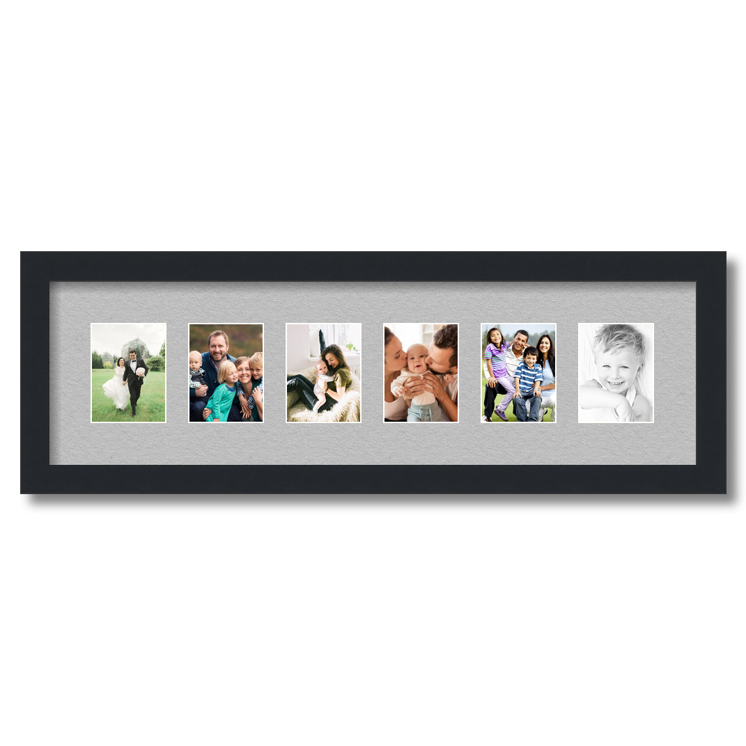 Collage Picture Frame, Satin Black Frame with 6 openings for 3x4 photos with TV Grey Mat. D3926ET54, ArtToframes