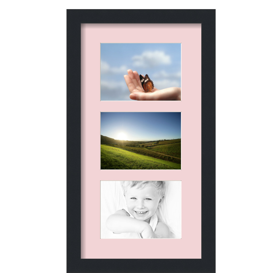 Collage Picture Frame, Satin Black Frame with 3 openings for 5x7 photos with Pink Hollyhock Mat. D3926HS557, ArtToframes